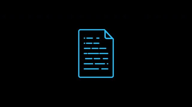 A blue document icon with an animated text line is displayed on a black background. Alpha channel.