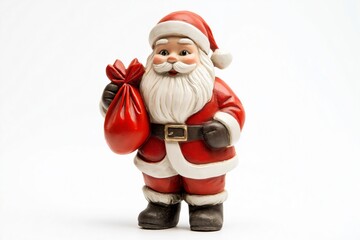 Obraz premium Traditional santa claus figurine holding a red bag full of presents, isolated on white background