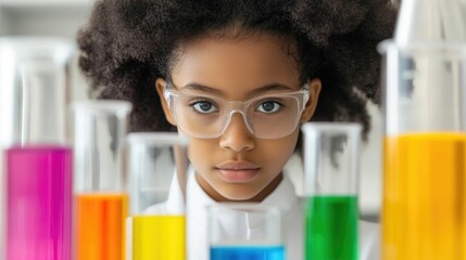 Portrait of a teenage student wearing safety glasses and a lab coat conducting a scientific experiment with various laboratory equipment in a school classroom or research setting
