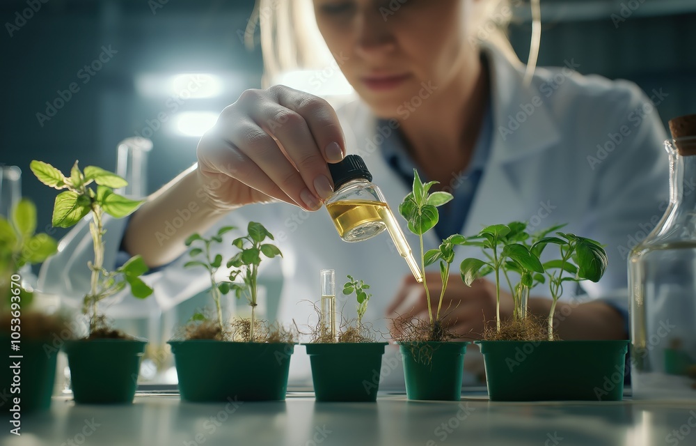 Poster close up of a scientist in a laboratory setting carefully examining and analyzing the growth and dev