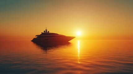 Obraz premium Luxury yacht at sunrise, calm ocean waters, early morning blue sky, golden sunlight reflection, rippling water surface, speed boat silhouette, dramatic atmosphere.