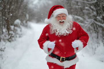 Santa claus running through a snowy forest, laughing and spreading christmas cheer