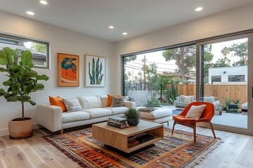 Fototapeta premium Modern living room with stylish decor and natural light.