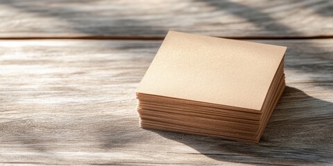 Stack of blank notes on a rustic wooden table, captured with soft lighting.