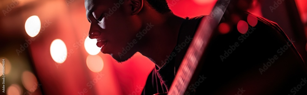 Poster a close-up of a man playing a guitar on stage, lit by red stage lights with bokeh in the background.
