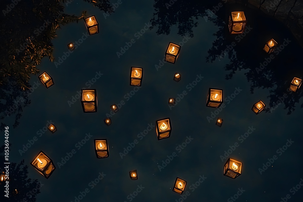 Poster floating lanterns reflect on water, creating a serene and magical atmosphere.