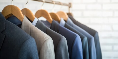 Fototapeta premium Stylish suits hanging on a rack, showing diverse colors and styles, modern setting.
