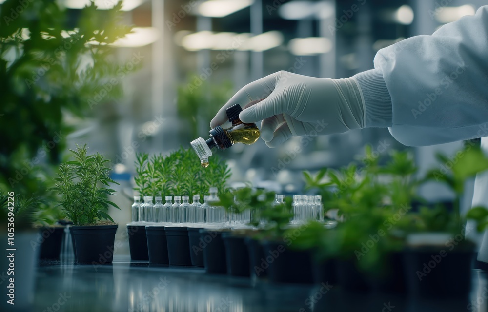 Aufkleber close up view of a scientist s hand using a pipette to collect a sample from a plant growing in a gr