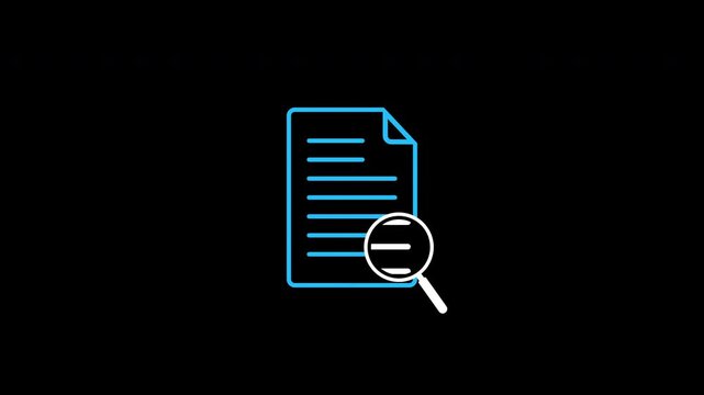 A blue document icon with an animated magnifying glass and text line is displayed on a black background. Alpha channel.