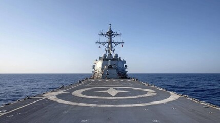 NATO emblem on a warship under clear blue skies at a bustling port, showcasing naval strength and modern maritime operations
