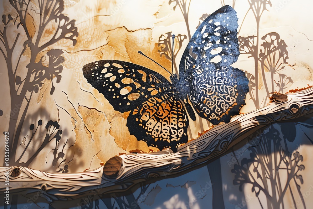 Poster a black butterfly with intricate patterns sits on a branch with a floral background.