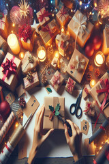 Close-up of a workspace filled with wrapping paper.