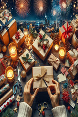 Close-up of a workspace filled with wrapping paper.