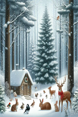 Snow-covered forest scene with tall pine trees.