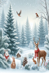 Snow-covered forest scene with tall pine trees.