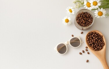 Obraz premium Freshly Roasted Coffee Beans and Wooden Cup with Saucer on Rustic Wooden Table with Daisy Flowers Peaceful Morning Breakfast or Beverage Concept Copy Space