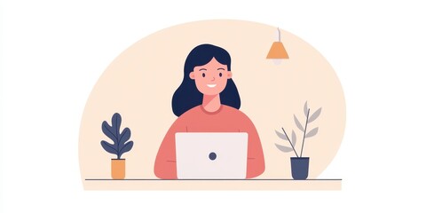 Young woman working on laptop in cozy home office environment.