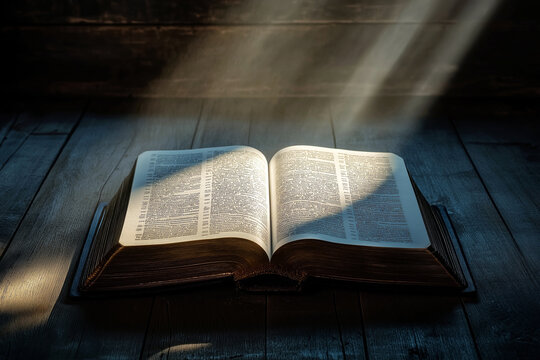 A close-up of the Holy Bible on a wooden table, open to a highlighted verse with a soft beam of light illuminating the pages.
