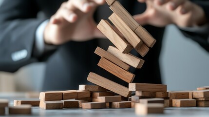 Businessman toppling wooden blocks in a strategic game concept.