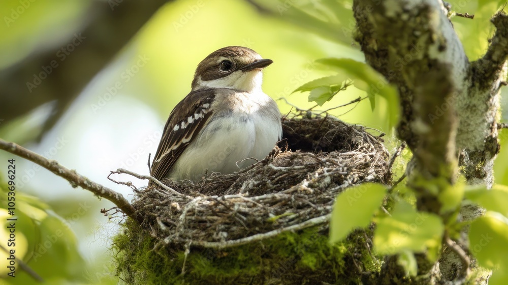 Poster a bird resting in its nest on a tree branch, surrounded by green leaves.