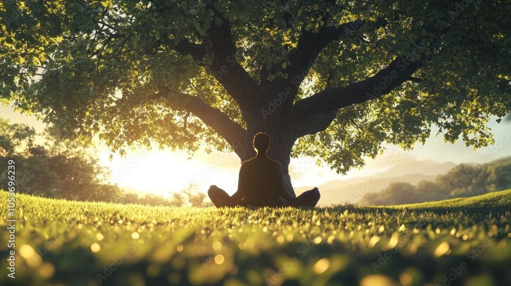 Poster a person sits in a meditative pose under a large tree in a grassy field with the setting sun behind 