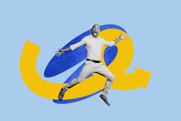 Composite creative art collage of excited american man jump arrow development growth success aim isolated on painted background