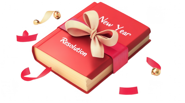 Ribbon-Wrapped Book with "New Year Resolution" Label, Symbolizing Fresh Goals, PNG File, Transparent Background