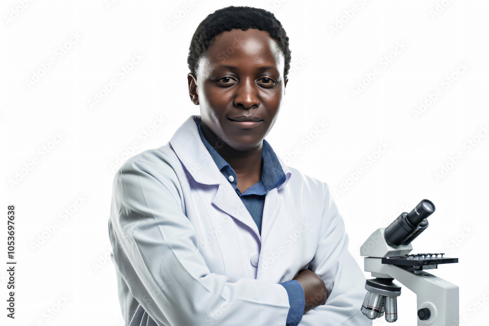 Poster scientist is standing with their arms crossed next to a microscope on a white background in a labora