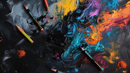 Obraz premium Colorful Paint Swirls and Pencils on a Black Surface