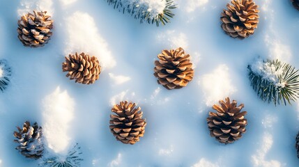 Pine cones scattered on fresh snow surface, winter nature flatlay, minimalist composition, natural brown tones, white background, organic pattern, macro details.