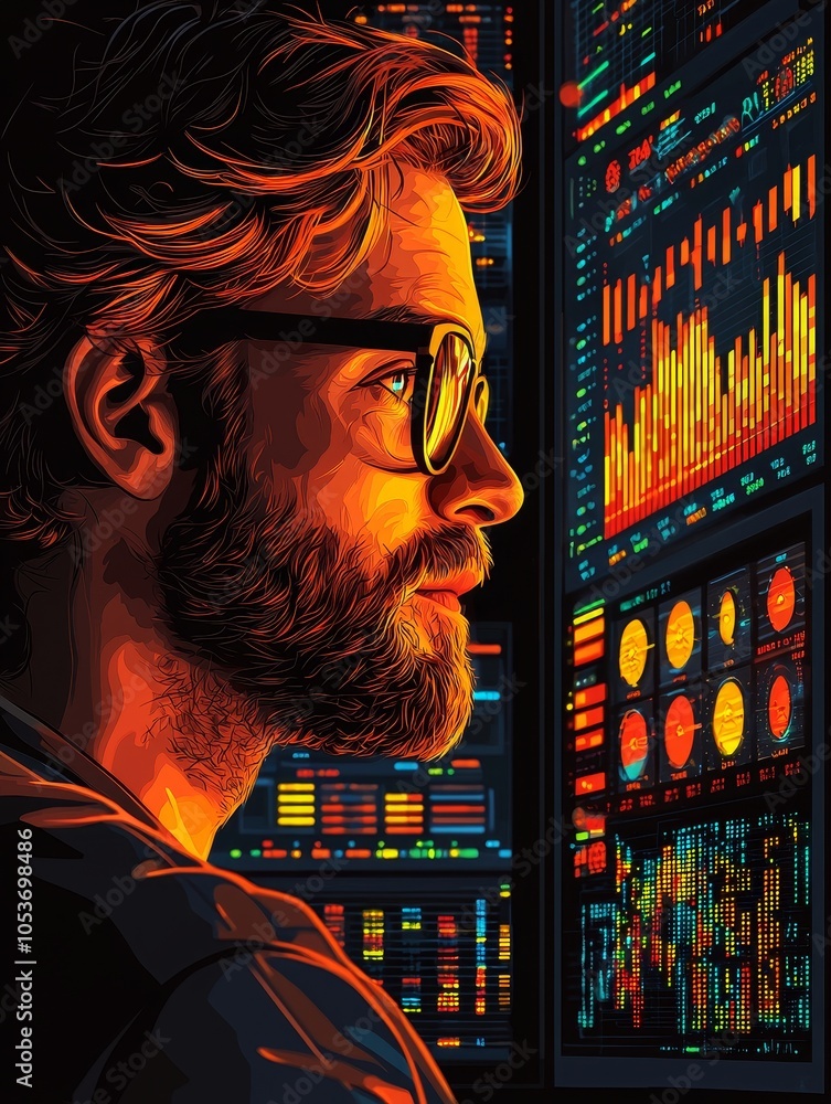 Aufkleber profile of a businessman analyzing data visualizations