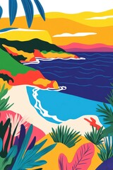 A colorful pop art illustration showcases a tropical beach scene with bold shapes, vibrant plants, deep blue waters, and golden hills under a bright sky