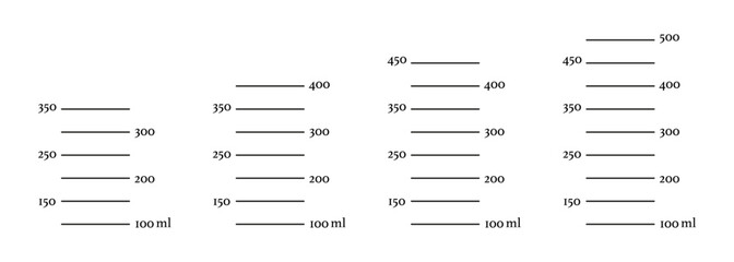 Set of scales 350, 400, 450, 500 ml liquid volume. Measuring milliliters cup, jug to preparing cooking. Graphic templates isolated on a white background.