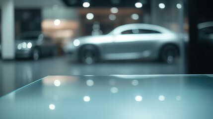 Glass Table with a Blurred Car Showroom Background A