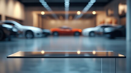 Glass Table with a Blurred Car Showroom Background A