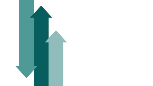 Three arrows in green tones, two pointing up and one pointing down, crossing directions. 