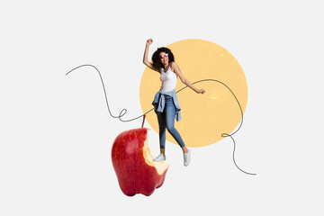 Creative collage young woman clubber dance disco party apple fruit bitten healthy nutrition meal...