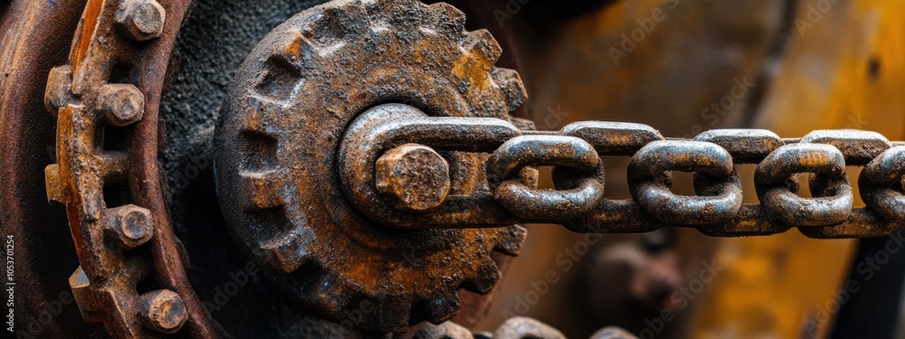 Poster intricate metal chains and gears interlocked in a robust industrial machine showcasing engineering p
