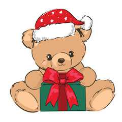 christmas background with teddy bear witn gift box hand drawn cute illustration vector sketch
