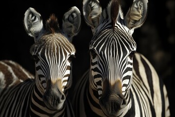 Naklejka premium Two zebras stand close together. This photo captures the unique markings of the zebras and their expressive eyes.