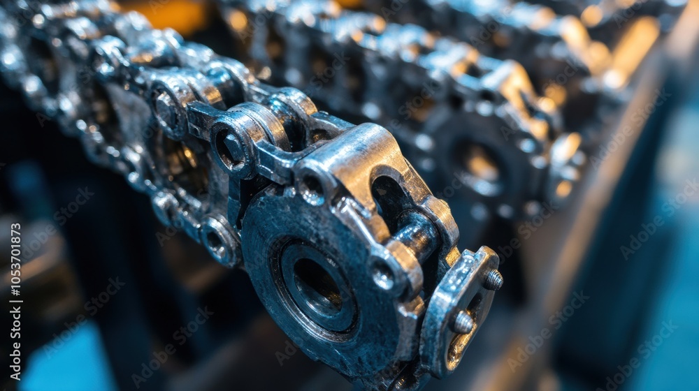 Poster intricate metalwork, a detailed view showcasing interlocking chains and gears within a robust indust