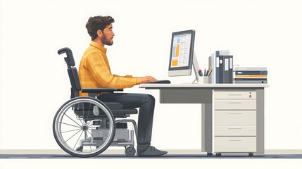 A wheelchair user working efficiently at a corporate desk during business hours