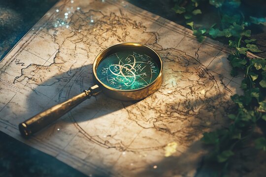A magnifying glass rests on an old map, illuminating a mysterious symbol with a blue glow.
