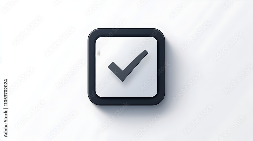 Poster checkmark icon in black square signifying completed task or approval