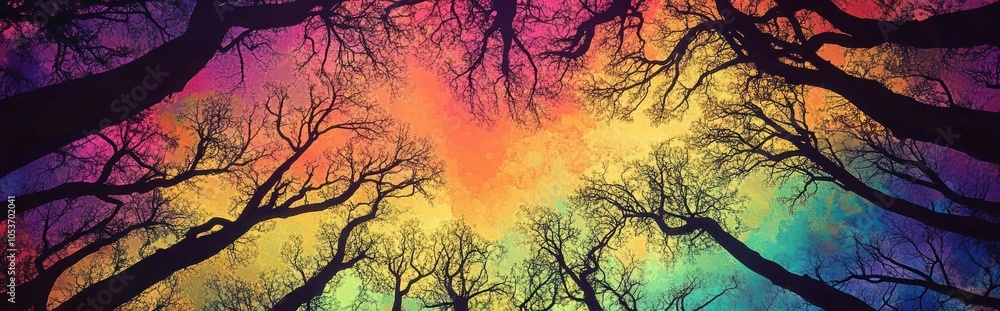 Poster abstract colorful sky view through bare trees branches.