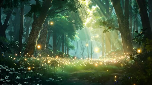 An Anime Step into an enchanted forest where fireflies illuminate the night, casting a magical glow on the lush greenery and creating a mesmerizing spectacle of nature's beauty.