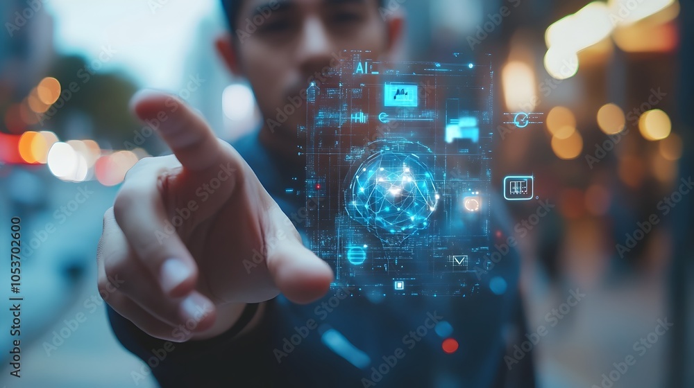 Poster futuristic digital holographic interface with innovative technology and data visualization