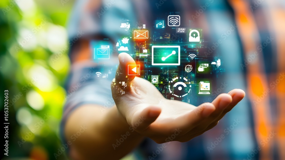Poster futuristic digital technology interface with floating icons in hand