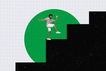 Creative 3d photo artwork graphics collage painting of excited guy walking up stairs achieving...