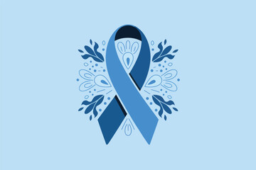Fototapeta premium Blue ribbon symbol of prostate cancer awareness month, light blue background